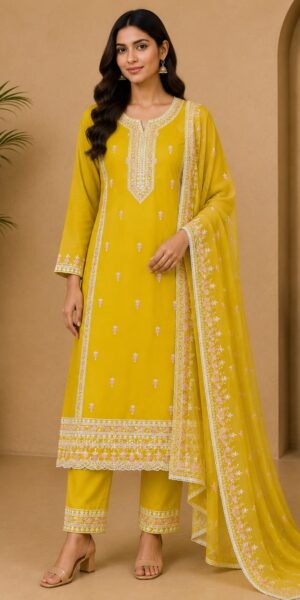 Three Piece Embroidered Silk Suit