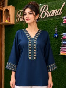 Elegant Embroidered Rayon V Neck Top