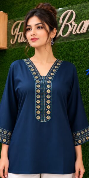 Elegant Embroidered Rayon V Neck Top