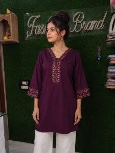 Elegant Embroidered Rayon V Neck Top