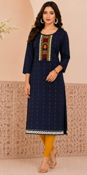 Cotton Straight Kurti with Neck Embroidery