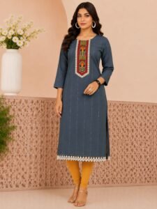 Cotton Straight Kurti with Neck Embroidery
