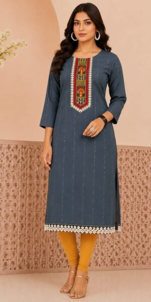 Cotton Straight Kurti with Neck Embroidery