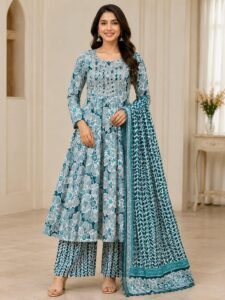 Floral Printed Anarkali Suit with Pant & Dupatta