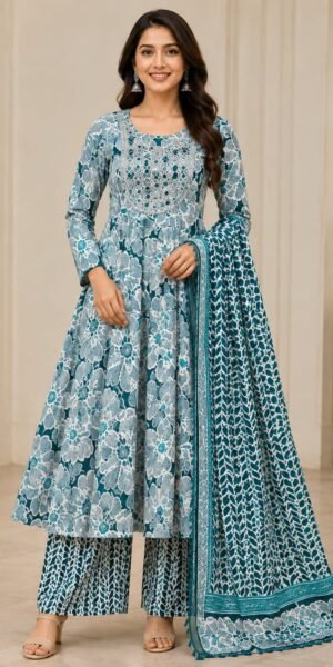 Floral Printed Anarkali Suit with Pant & Dupatta