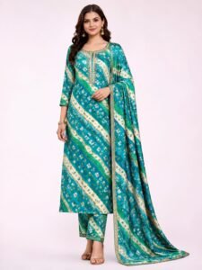 Bandhej Pattern Anarkali Suit with Sequin Neck Work