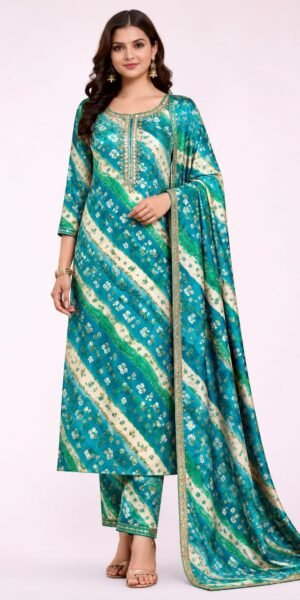 Bandhej Pattern Anarkali Suit with Sequin Neck Work