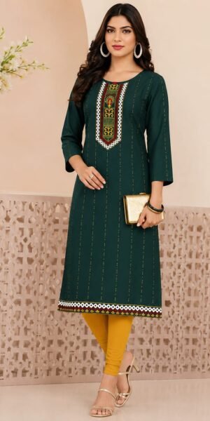 Cotton Straight Kurti with Neck Embroidery