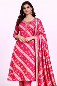 Bandhej Pattern Anarkali Suit with Sequin Neck Work