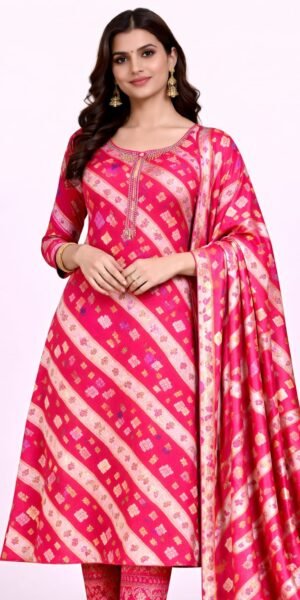 Bandhej Pattern Anarkali Suit with Sequin Neck Work