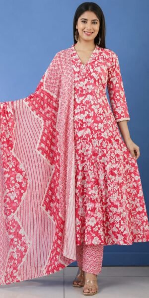 Floral Printed Anarkali Suit with Pant & Dupatta