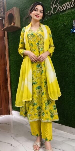 Angrakha Pattern Rayon Suit with Pant & Dupatta