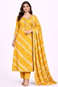 Bandhej Pattern Anarkali Suit with Sequin Neck Work