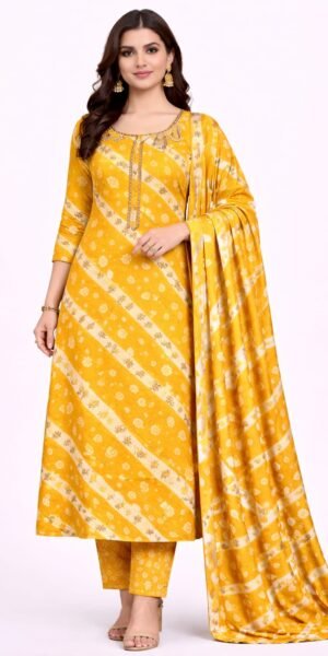 Bandhej Pattern Anarkali Suit with Sequin Neck Work